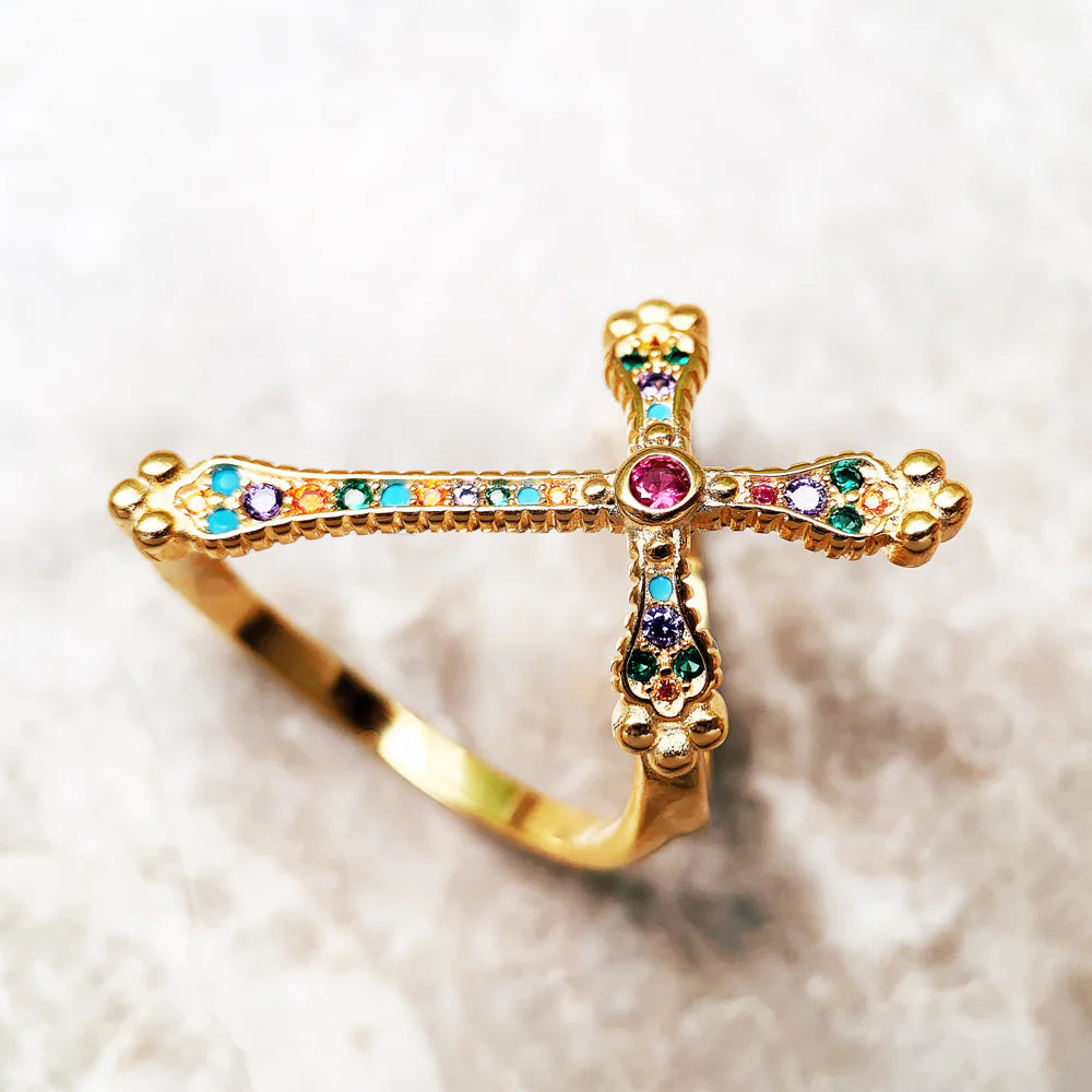 Bague Croix Vintage Pierres Multicolores – Image 2