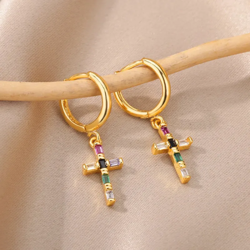 Boucles d'Oreilles Croix Arc-en-Ciel – Image 5
