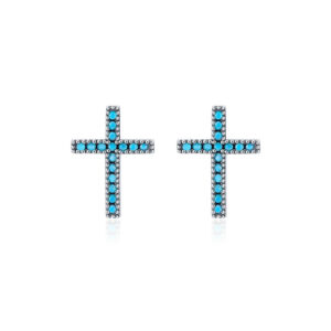 Boucles d'Oreilles Croix Pierres Bleues