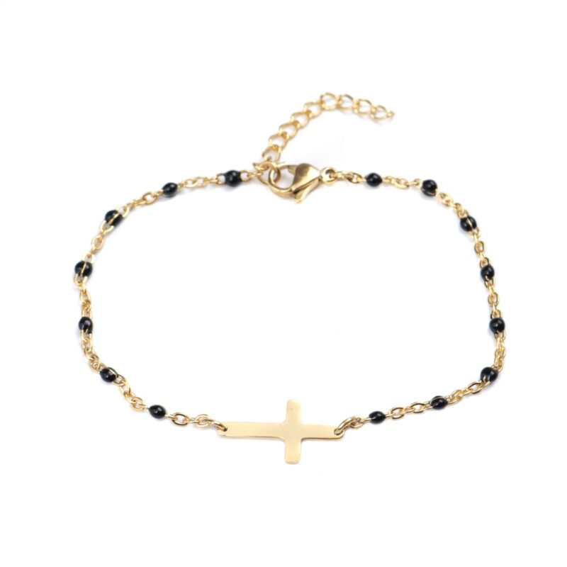 Bracelet Croix Doré avec Perles de Couleurs