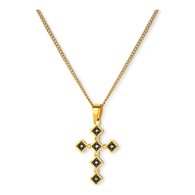 Collier Croix Dorée Noir Étincelant