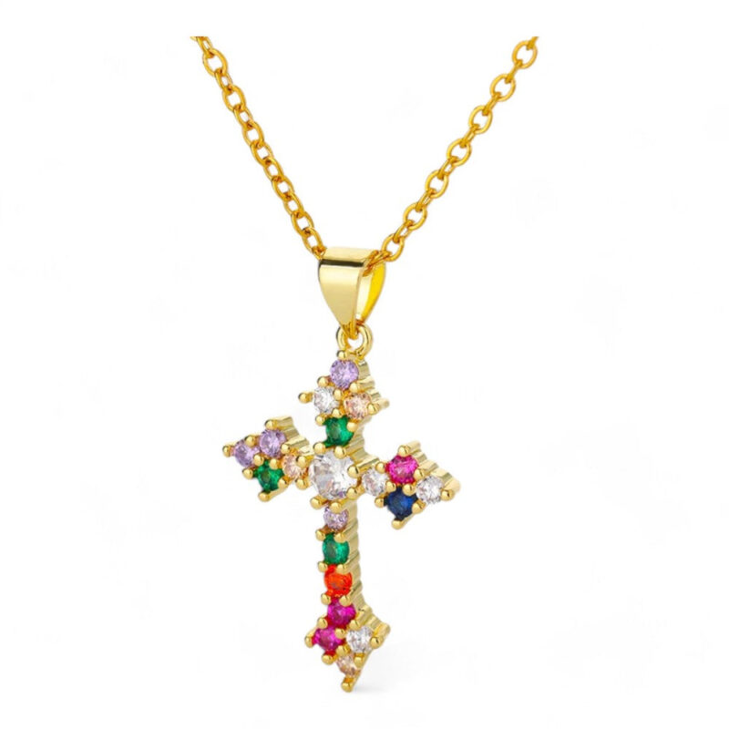 Collier Croix Dorée Pierres Multicolores